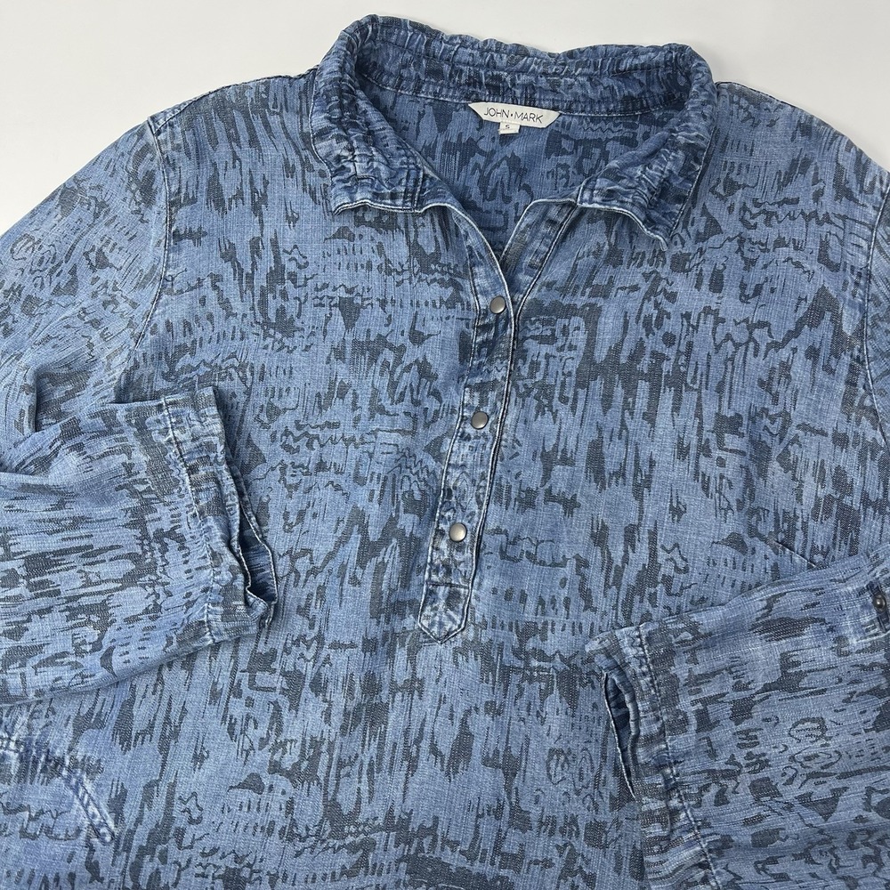 John Mark Blue Artsy Chambray Lyocell Art To Wear Popover Top Small Roll Tab